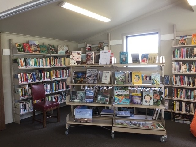 Bookshelves with library books and a central display shelf wiht window behind it.