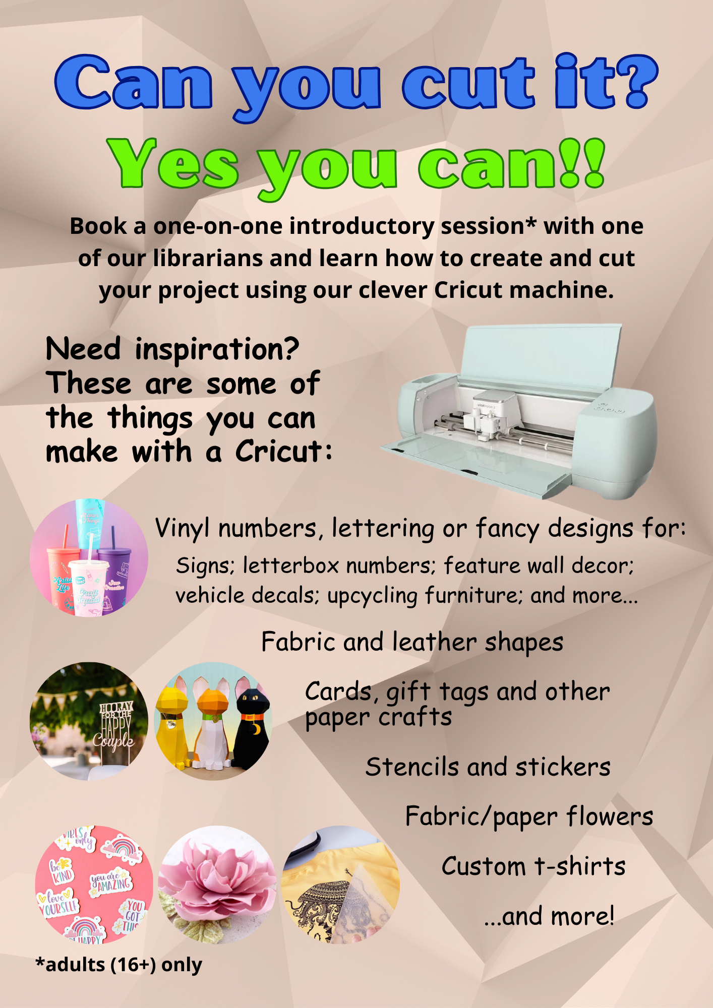 Detailed poster of craft event using Cricut cutting machine.