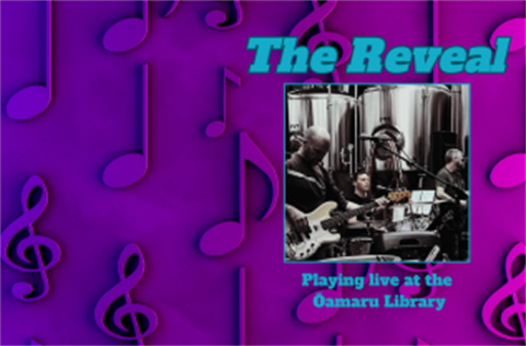 Local band the Reveal on purple music notes background