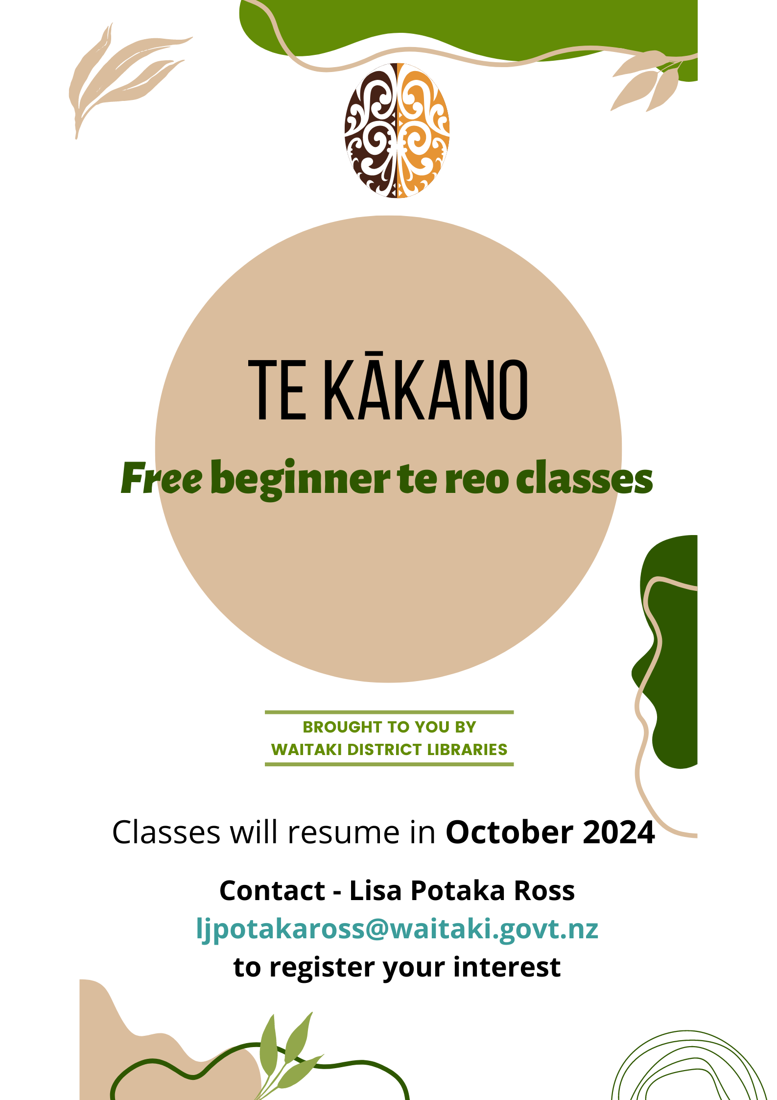 Poster for free beginner te reo classes 2024