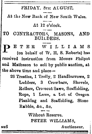 Contractors for the Bank of New South Wales selling off their building equipment when the contract was complete