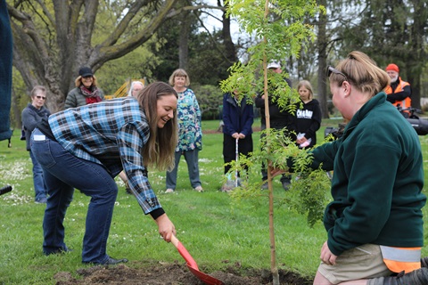 Mayor Tavendale and Caitlyn Kitto plant the tree.